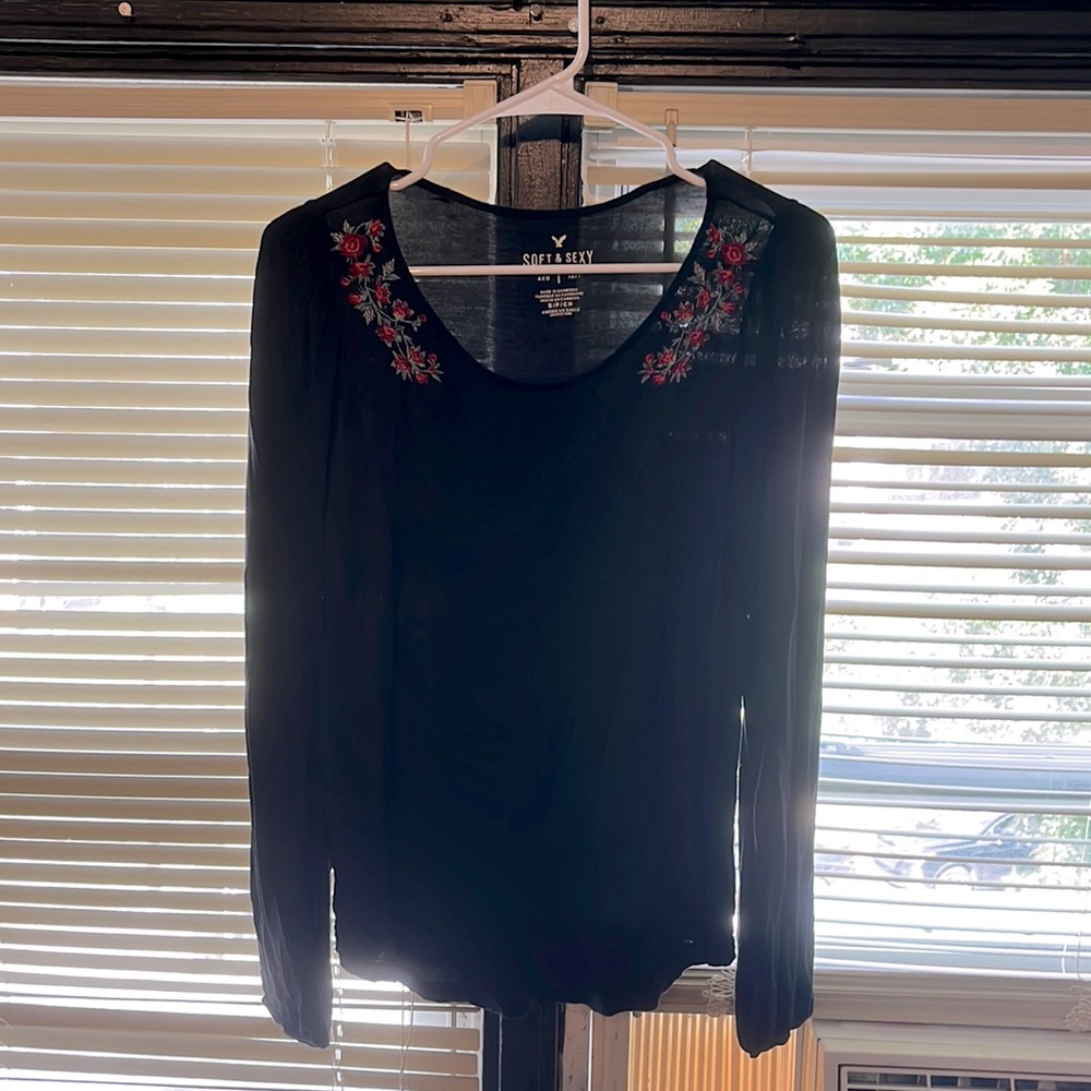 Soft & Sexy American Eagle Black Long Sleeve Shirt with Floral Designs